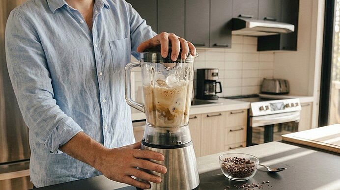 Oberkörper einer Person bedient in heller Küche einen Standmixer mit cremiger Kaffee-Mischung; eine kleine Schale mit Kaffeebohnen steht daneben.