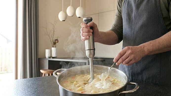 Person püriert mit Stabmixer eine cremige Gemüsesuppe in einem großen Topf auf der Küchenarbeitsplatte.