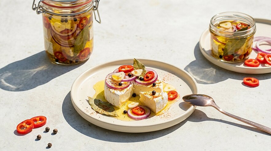Teller mit drei dreieckigen Feta-Stücken in Olivenöl, garniert mit Chili- und Zwiebelringen, Lorbeerblättern und Pfefferkörnern; im Hintergrund Einmachgläser mit marinierter Feta.