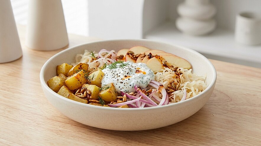 Schale mit herzhaftem Bowl: gebratene Kartoffelwürfel, dünne Apfelscheiben, Sauerkraut, rote Zwiebelstreifen, ein Klecks Kräuter-Joghurt und geröstete Körner als Topping.