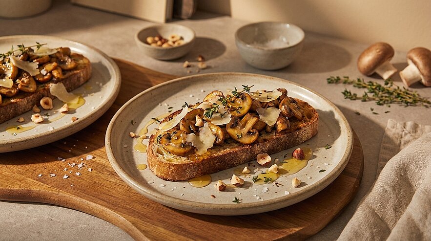 Scheibe geröstetes Bauernbrot mit gebratenen Champignons, gehobeltem Parmesan, frischem Thymian, gehackten Haselnüssen und Olivenöl auf einem Teller.