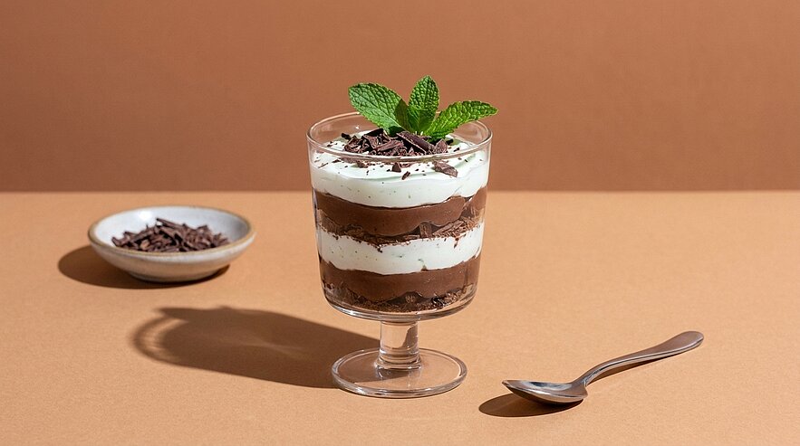 Glas mit geschichtetem Schokoladen- und Sahnecreme‑Dessert, oben mit Minzblatt und Schokoraspeln garniert; ein Löffel liegt daneben.