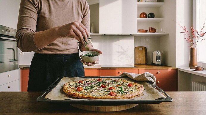 Person ohne sichtbares Gesicht bestreut frisch gebackene Pizza auf einem Backblech mit Kräutern in einer modernen Küche.