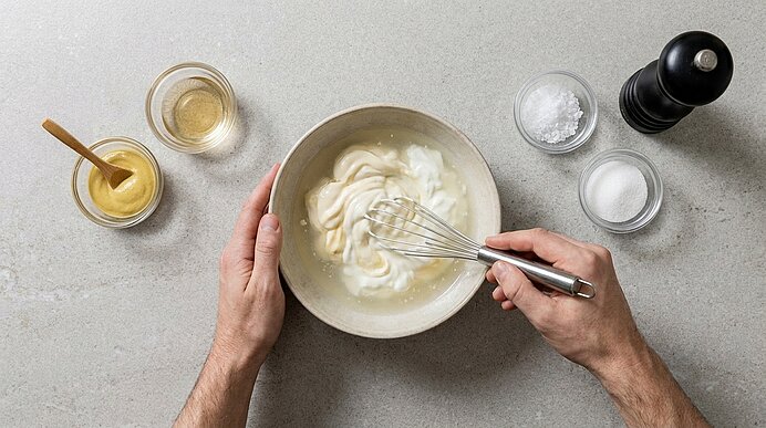 Zwei Hände rühren mit einem Schneebesen eine cremige Sauce in einer Schüssel; daneben Schälchen mit Senf, Öl, Salz und eine Pfeffermühle.