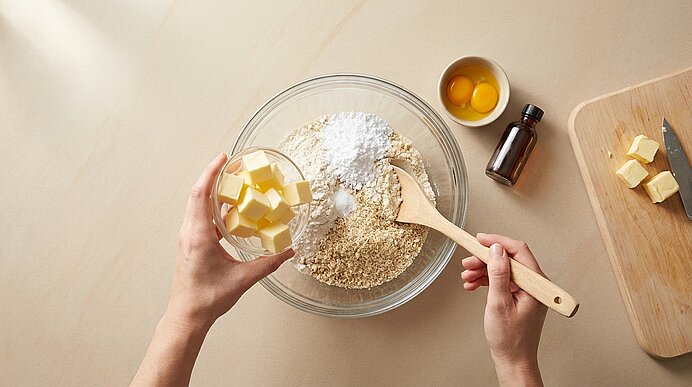 Hände geben gewürfelte Butter in eine Glasschüssel mit Mehl und Haferflocken; Holzlöffel rührt — Vorbereitung eines Teigs.