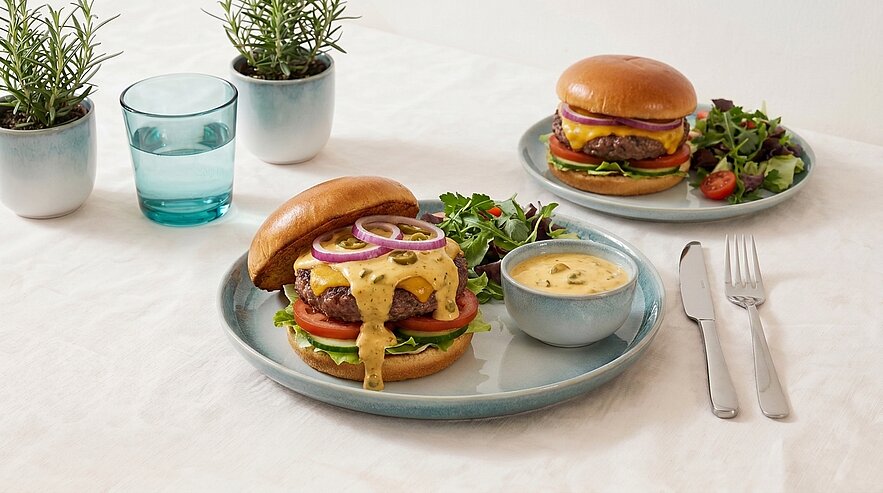 Ein Teller mit einem saftigen Burger, belegt mit geschmolzenem Käse, Tomaten, Salat und roten Zwiebeln. Daneben befindet sich eine kleine Schüssel mit einer cremigen Sauce und ein Glas Wasser. Im Hintergrund sind zwei weitere Burger auf einem zweiten Teller.