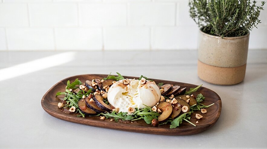 Cremige Burrata auf Rucola, garniert mit Pflaumenscheiben und gerösteten Haselnüssen, serviert auf einem Holztablett.