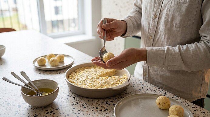Eine Person formt kleine Kugeln aus Teig- oder Kartoffelmasse und legt sie in eine Auflaufform.