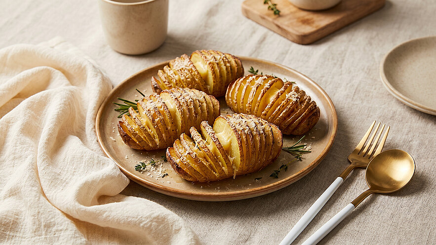 Auf einem Teller liegen mehrere goldbraun gebackene Hasselback-Kartoffeln, die in mehreren Schichten eingeschnitten sind. Sie sind mit Kräutern garniert. Daneben liegt ein Besteckset und ein Tuch. Im Hintergrund sind beiger Geschirr und ein Tisch zu sehen.