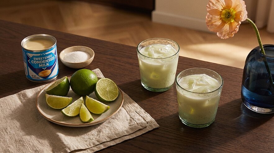 Zwei Gläser mit eisigem, milchig-grünem Limettengetränk; daneben Limetten und Limettenschnitze auf einem Teller, eine Dose gesüßte Kondensmilch und ein kleines Schälchen Zucker auf einem Tisch.