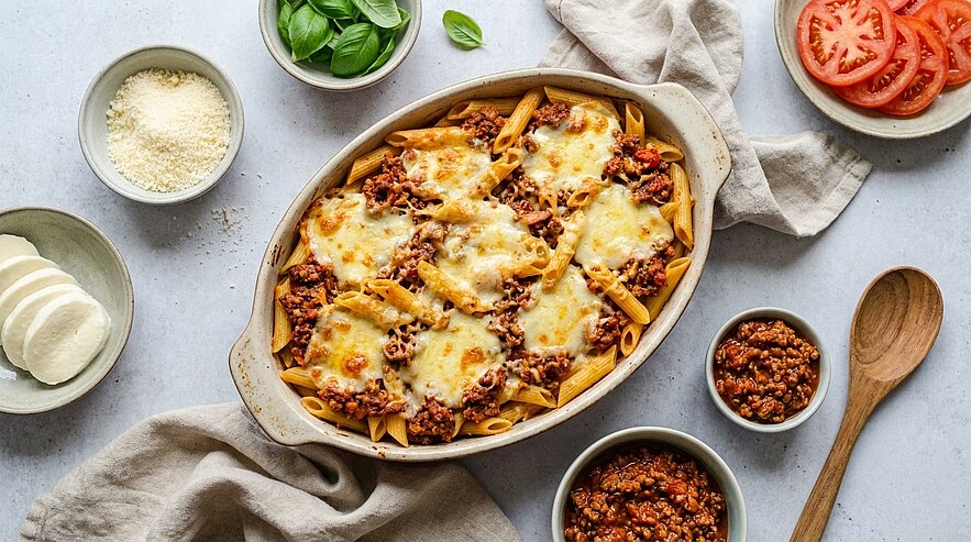 Gebackener Penne-Auflauf in einer Auflaufform: Penne mit würziger Hackfleisch-Tomatensauce, mit geschmolzenem, goldbraunem Käse überbacken.