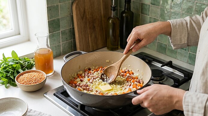 Person rührt mit einem Holzlöffel in einer großen Pfanne auf dem Herd eine Mischung aus gewürfelten Karotten und Zwiebeln, in der Butter schmilzt.