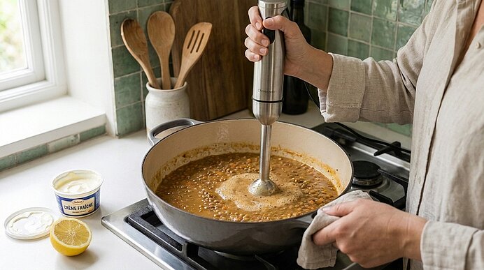 Hand hält Stabmixer und püriert dicke Gemüsesuppe in einem großen Topf auf dem Herd.