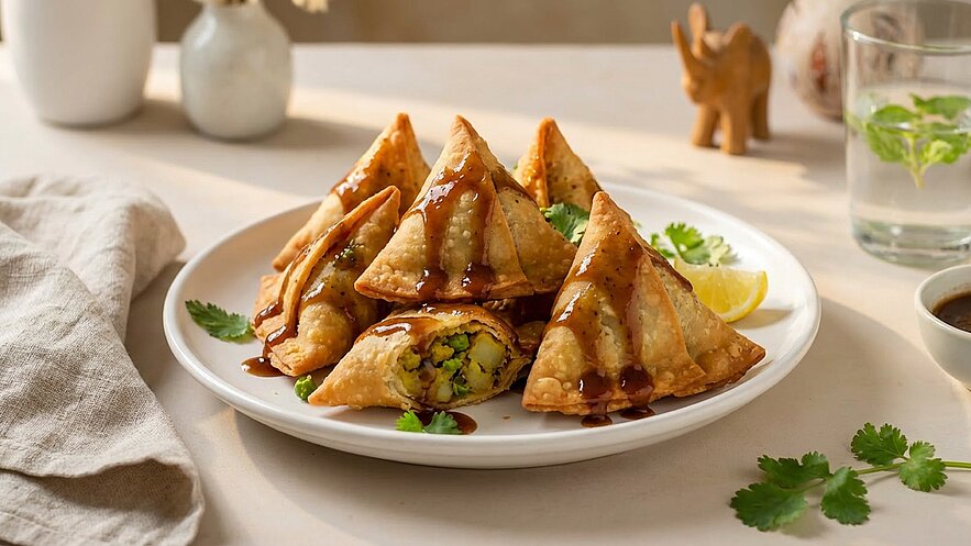 Auf dem Teller sind mehrere Samosas in Form von Dreiecken angeordnet. Sie sind goldbraun und glänzen durch eine süße Soße. Neben den Samosas liegt ein Stück Zitrone und frische Korianderblätter. Im Hintergrund sind einige Glas- und Dekorationsgegenstände zu erkennen.