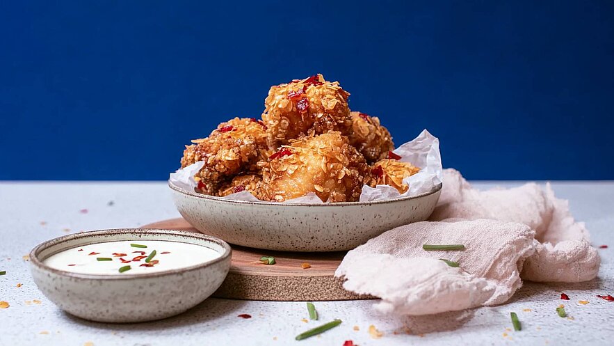 Auf dem Bild ist eine Schale mit frittierten, knusprigen Hähnchenstücken zu sehen, die mit roten Chiliflocken garniert sind. Daneben steht eine kleine Schale mit weißer Dipsauce, die mit grünen Zwiebelringen dekoriert ist. Der Hintergrund ist blau.