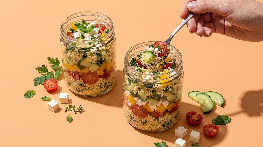 Zwei Einmachgläser mit geschichtetem Couscous‑Salat (Kirschtomaten, Gurken, Paprika, Feta, frische Kräuter); eine Hand löffelt davon.
