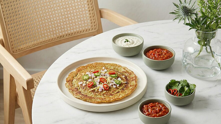 Auf einem Tisch liegt ein flacher Pfannkuchen, garniert mit roten und grünen Chilischoten sowie Zwiebeln. Daneben stehen zwei Schalen mit verschiedenen Saucen und eine Schale mit frischem Koriander. Ein rustikaler Stuhl ist im Hintergrund sichtbar.