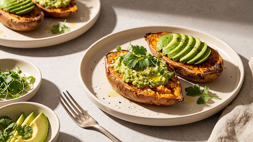 Auf dem Teller liegen zwei frisch gebackene Süßkartoffelhälften, gefüllt mit einer guacamoleartigen Mischung und garniert mit frischen Korianderblättern. Eine der Hälften ist zusätzlich mit Avocadoscheiben belegt. Im Hintergrund sind weitere Süßkartoffeln und kleine Schalen mit Avocado und frischen Kräutern zu sehen.