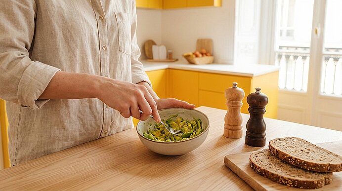 Hände einer Person mischen Avocadomus in einer Schüssel auf der Küchenarbeitsplatte; daneben liegen Scheiben Vollkornbrot sowie Pfeffer- und Salzmühlen.