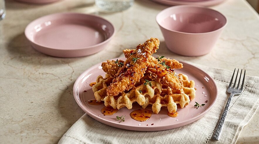 Knusprige Hähnchenstreifen auf einer goldenen Waffel, mit Sirup beträufelt und mit frischen Kräutern garniert, serviert auf einem rosa Teller.