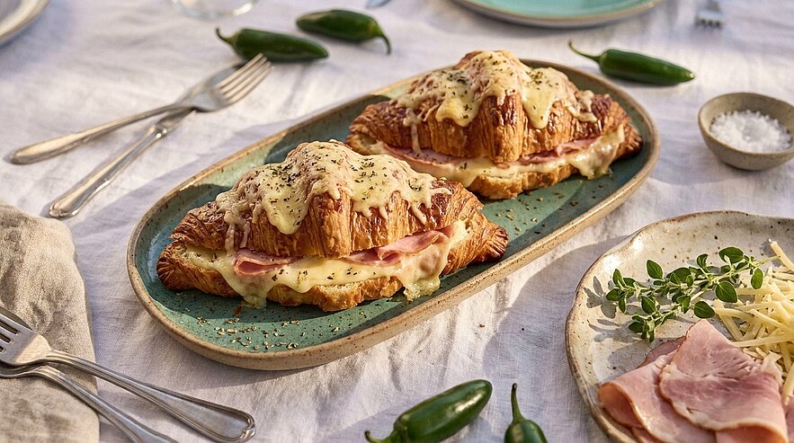 Zwei goldbraune Croissants, gefüllt mit Schinken und überbackenem, zerlaufendem Käse, serviert auf einer länglichen Keramikplatte.