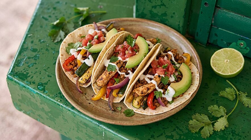 Drei gefüllte Tacos auf einem Teller mit gegrilltem Hähnchen, buntem Paprika und Zwiebeln, Avocadoscheiben, Salsa und saurer Sahne; Limette und Koriander daneben.