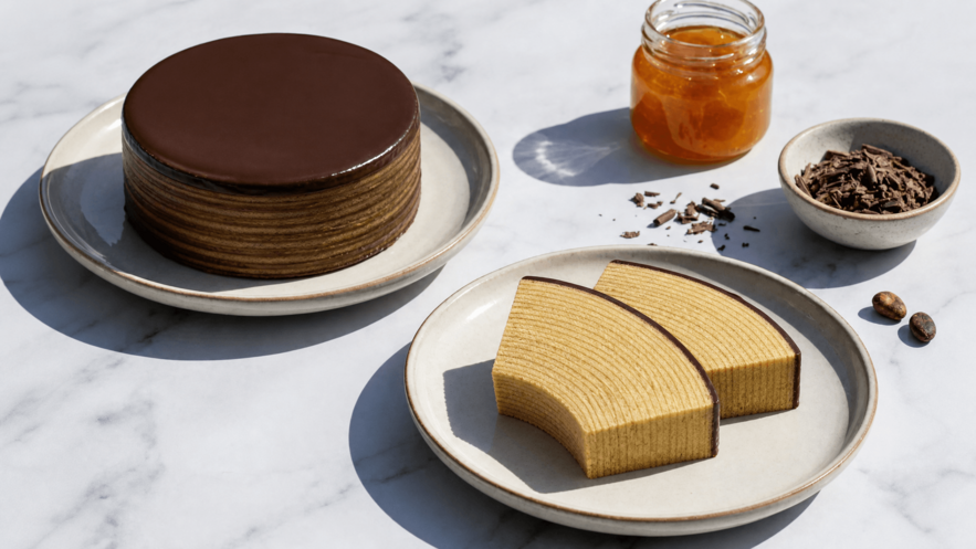 Runder Baumkuchen mit dunkler Schokoladenglasur auf einem Teller; davor zwei angeschnittene Stücke des charakteristischen schichtigen Kuchens auf einem zweiten Teller.