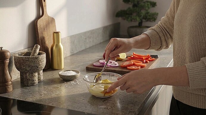 Hände einer Person verquirlen Eier in einer Glasschüssel auf einer Küchenarbeitsplatte; daneben geschnittene Paprika und Zwiebel, Salz, Mörser und weitere Küchenutensilien.