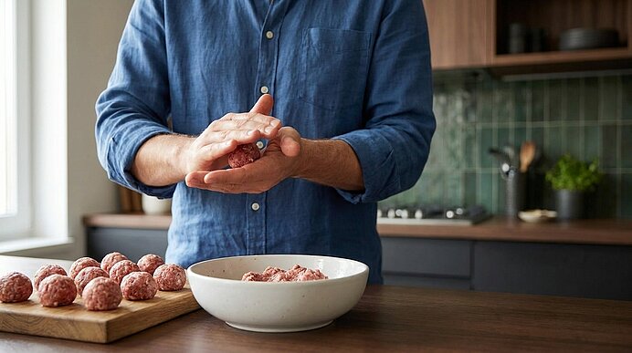 Person in blauem Hemd formt Hackfleisch zu Fleischbällchen; Schüssel mit Hack und fertige Bällchen auf Holzbrett in Küche.