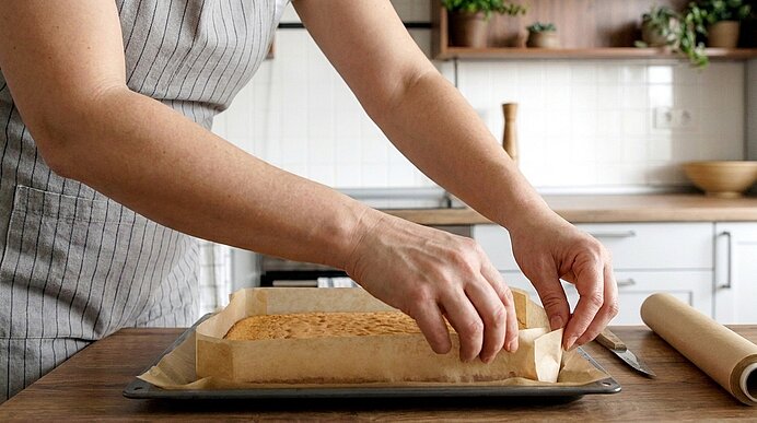 Hände einer Person entfernen Backpapier von einem rechteckigen Blechkuchen auf einem Backblech.