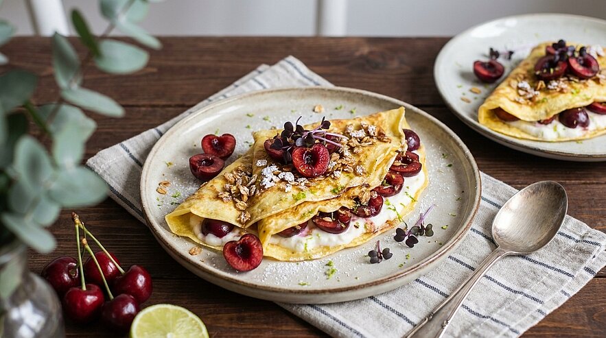 Zwei Teller mit gefalteten Pfannkuchen/Crêpes, gefüllt mit Sahne und entsteinten Kirschen, bestreut mit gehackten Nüssen und Puderzucker, garniert mit Mikrokräutern; ein paar frische Kirschen und eine halbierte Limette liegen daneben.