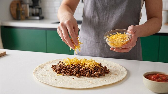 Hände einer Person bestreuen auf einer großen Tortilla gebratenes Hackfleisch mit geriebenem Käse, Zubereitung eines Burritos.