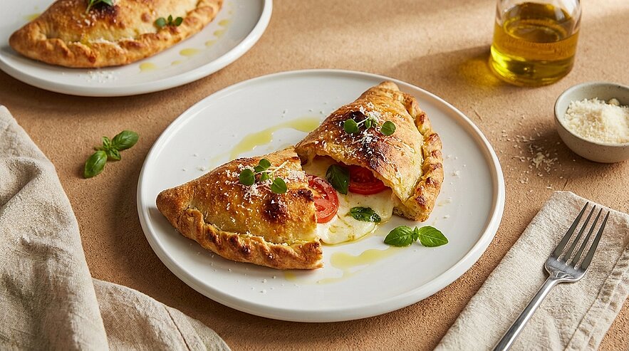 Auf einem weißen Teller ein halbierter, goldbraun gebackener Calzone mit sichtbar geschmolzenem Käse, Tomatenscheiben und Basilikum, leicht mit Olivenöl beträufelt.
