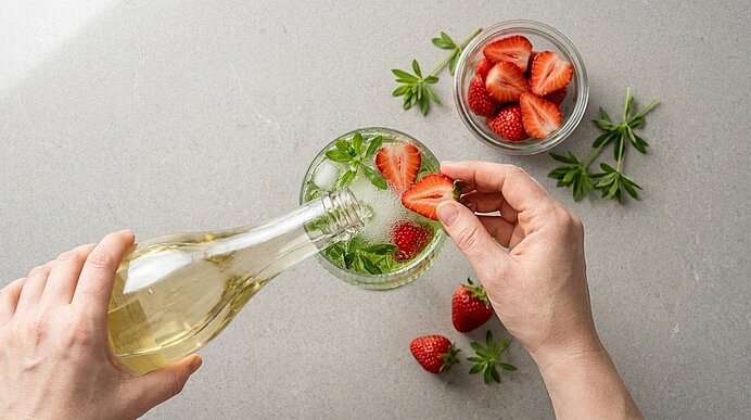Eine Hand gießt Sekt in die Waldmeisterbowle, während die andere das Glas mit einer Erdbeerhälfte garniert.