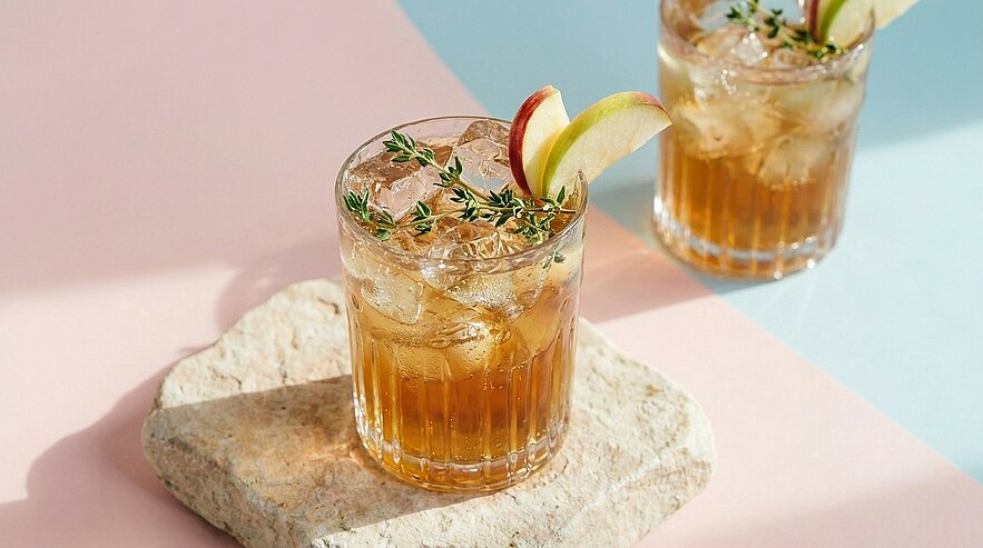 Zwei Gläser mit eisgekühltem, bernsteinfarbenem Cocktail in Facettengläsern, jeweils mit Apfelscheiben und Thymianzweig garniert; eines steht auf einem Steinblock vor pastellfarbenem Hintergrund.