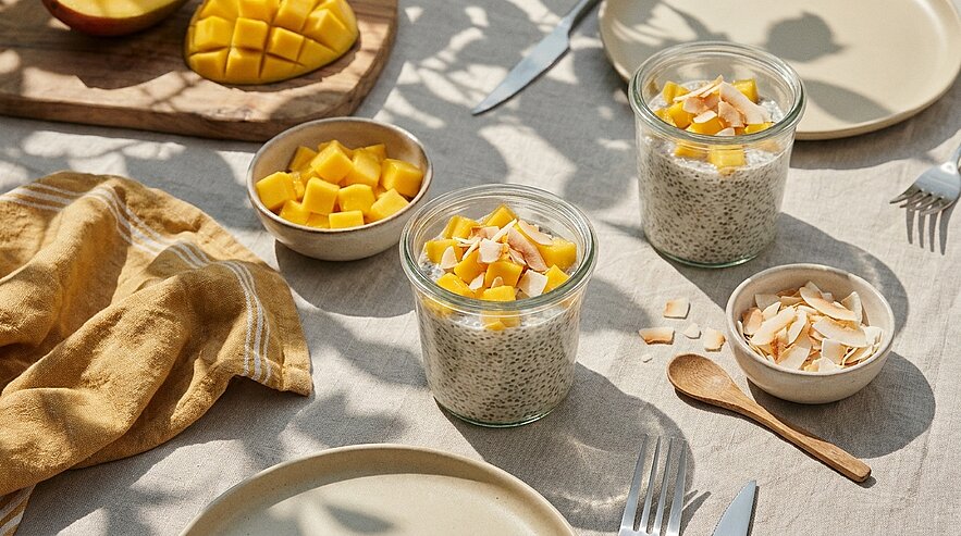 Zwei Gläser mit Chia-Pudding, garniert mit Mangowürfeln und Kokoschips; daneben Schälchen mit Mango und Kokos sowie Teller und Besteck auf gedecktem Tisch.