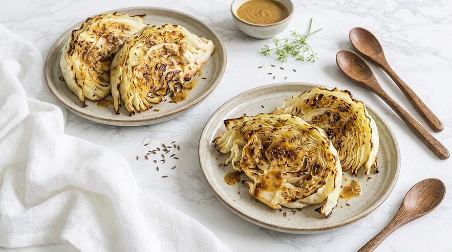 Zwei Teller mit gebratenem Kohl, der goldbraun und knusprig aussieht. Daneben eine kleine Schale mit einer würzigen Sauce und einige Holzlöffel. Der Tisch ist mit einem weißen Tuch und Gewürzen dekoriert.