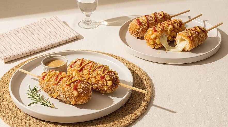 Koreanische Corn Dogs: mehrere panierte, frittierte Hotdog-/Käse-Spieße auf Tellern, einer aufgerissen mit herausziehendem, geschmolzenem Käse, mit Saucen garniert und einem Dip.