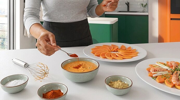 Person würzt cremige Sauce mit einem Löffel auf einer Küchenarbeitsplatte; daneben Teller mit orangefarbenen Scheiben und Garnelen sowie kleine Schälchen mit Gewürzen, Salz und ein Schneebesen.