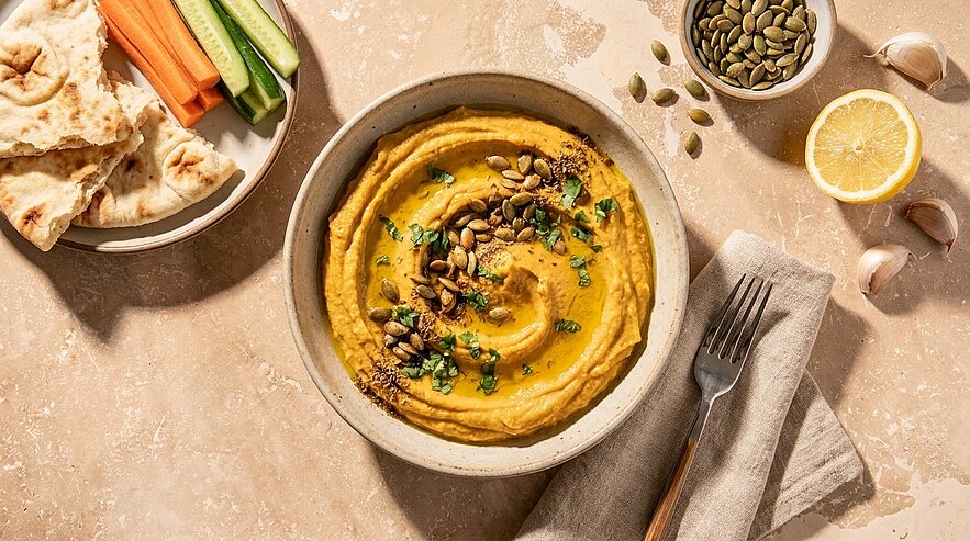 Schale mit cremigem orangefarbenem Dip (Kürbis-Hummus), garniert mit Kürbiskernen und frischen Kräutern, dazu Fladenbrot und Gemüsesticks zum Dippen.