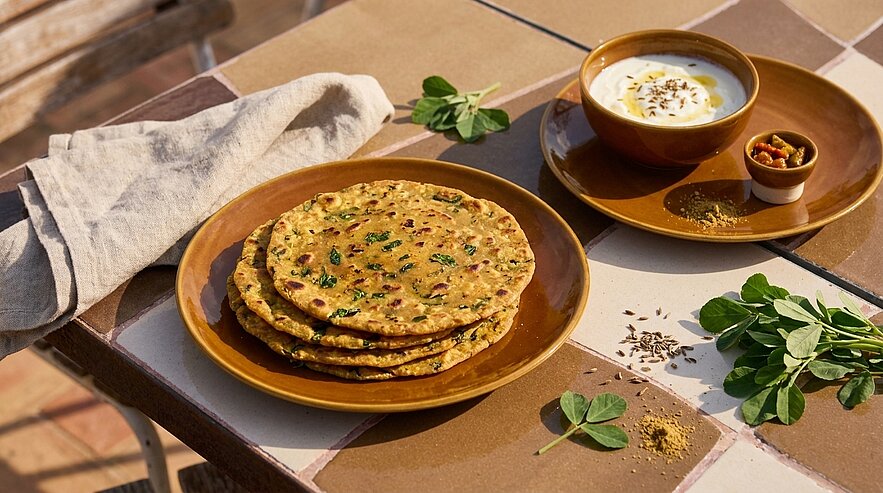 Auf dem Bild sind mehrere runde, flache Brote auf einem Teller zu sehen, begleitet von einer Schüssel Joghurt und einer kleinen Schale mit Gewürzen. Neben den Tellern liegen frische Kräuter. Die Szene vermittelt ein Gefühl von traditioneller Küche.