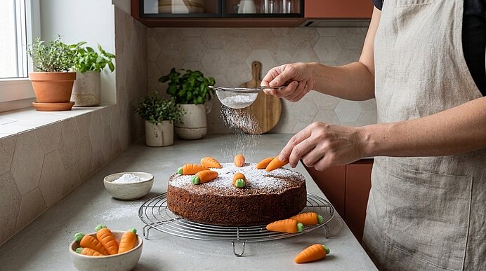 Hände bestäuben einen Karottenkuchen mit Puderzucker; der Kuchen steht auf einem Abkühlgitter und ist mit kleinen Marzipankarotten dekoriert.