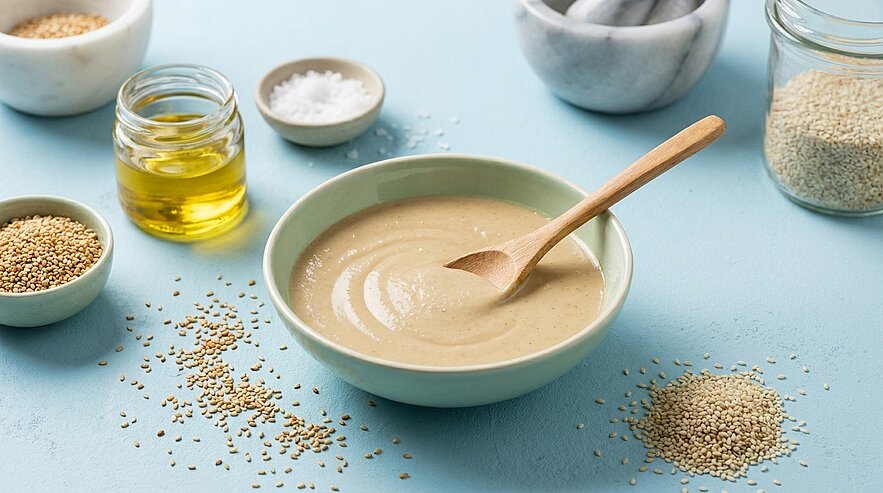 Eine grüne Schüssel mit cremigem Tahini steht im Mittelpunkt. Ein Holzlöffel rührt in der Masse. Drumherum sind Zutaten wie Öl, Salz und Sesamsamen in kleinen Behältern angeordnet, die auf einer hellblauen Oberfläche liegen.