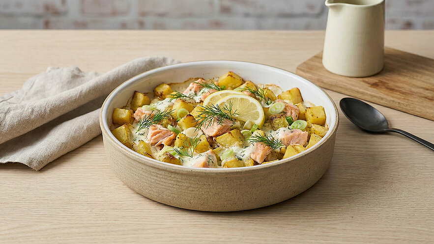 Eine Schüssel mit gebackenem Lachs, Kartoffeln und frischem Dill. Zitrone und Frühlingszwiebeln sind dazu angerichtet. Der Untergrund besteht aus hellem Holz. Im Hintergrund sind unscharfe, moderne Elemente zu sehen.