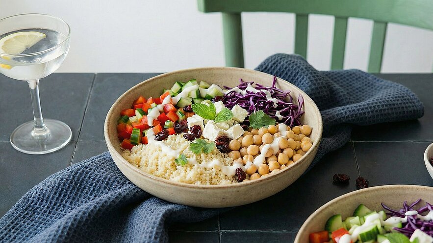Eine Schüssel mit buntem Salat, gefüllt mit Couscous, Kichererbsen, roten und grünen Paprika, Gurken, Rotkohl, getrockneten Früchten und Kräutern. Daneben steht ein Glas Wasser mit einer Zitronenscheibe. Der Hintergrund ist neutral gehalten.