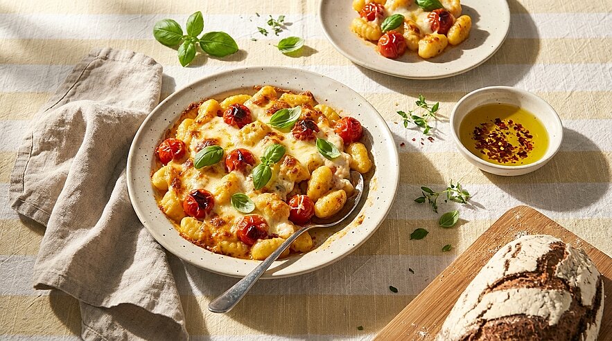 Ofenfrisch überbackene Gnocchi mit geschmolzenem Käse, gerösteten Kirschtomaten und frischem Basilikum in einer Schale; daneben ein kleiner Teller mit Gnocchi, eine Schale Olivenöl mit Chiliflocken und ein rustikales Brot.