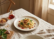 Image of Knoblauch Pasta mit Bröseln und Chili Öl