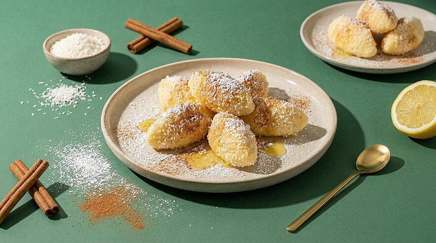 Teller mit mehreren goldbraunen, puderzuckerbestäubten süßen Nockerln auf grüner Unterlage; daneben Zimtstangen, gemahlener Zimt, eine Zitronenhälfte und ein kleiner Löffel.