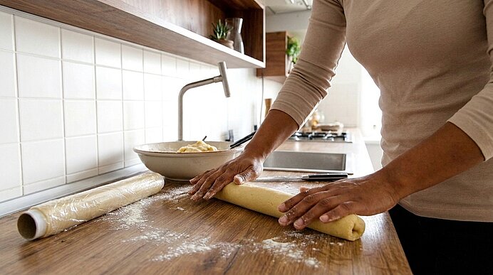 Hände einer Person rollen Teig zu einer Rolle auf einer bemehlten Holzarbeitsfläche in einer Küche.