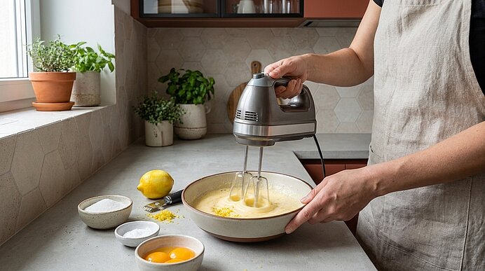 Person in Schürze rührt mit elektrischem Handmixer cremigen Teig in einer Schüssel; daneben Eier, Zitrone und kleine Schälchen mit Zutaten.